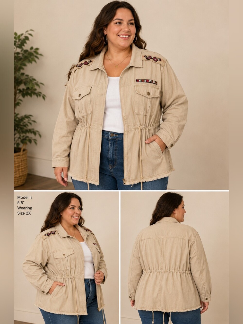 Indigo Thread Co Embellished Utility Jacket Plus 2X Beige Boho Military Shacket